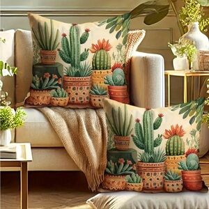 2 PC Boho Cactus Throw Pillow Covers ~ Southwestern Desert Decor Neutral Accent